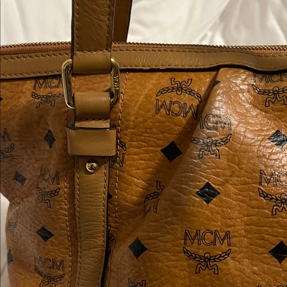 MCM Cognac Visetos Monogram Tote with Gold Plaque - Picture 12 of 16